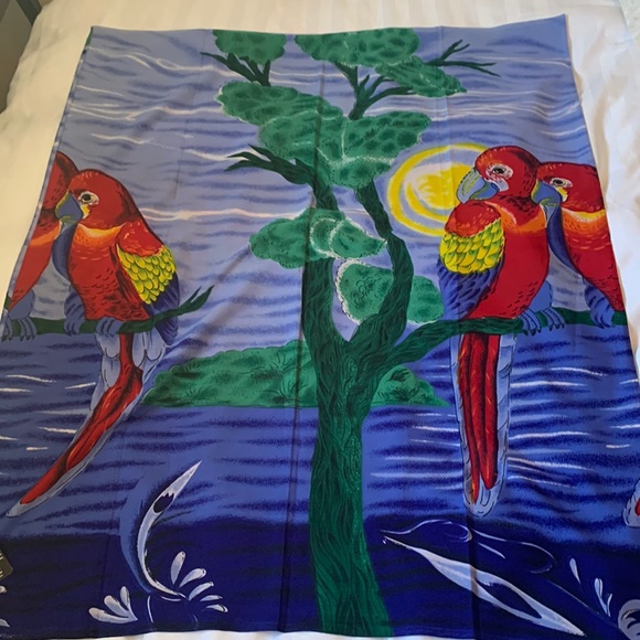 COPY - Bright lightweight swimsuit wrap/sarong w large red parrots blue water N… - Picture 1 of 4